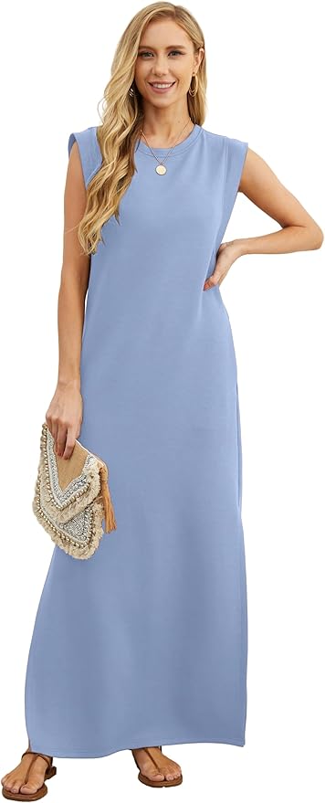 GRECERELLE 2026 Women Year-Round Casual Round Neck Loose Split Wrinkle-Free Long Maxi Vacation Dress with Pockets (XXS-4XL)