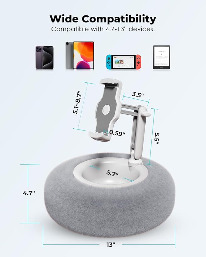 Viozon Tablet Stand Pillow, Compatible with 4.7"-13" Phone/Tablet, iPad, iPhone, Samsung, Google, Kindle, 360°Adjustable Phone Holder for Bed with Soft Plush Fabric, and Detachable Bowl, Grey