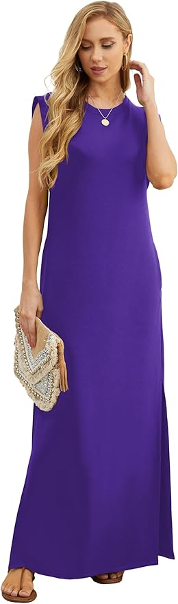 GRECERELLE 2026 Women Year-Round Casual Round Neck Loose Split Wrinkle-Free Long Maxi Vacation Dress with Pockets (XXS-4XL)