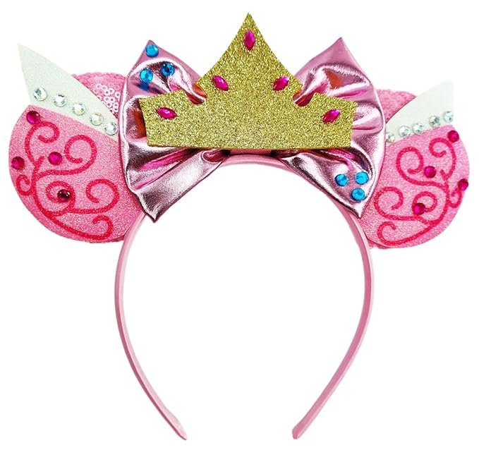 WW-WONDERFULWORLD Mouse Ears Headbands With Shiny Sequins Diamond & Crown Decoration, for Women Sleeping Beauty Series Aurora Princess Costume Cosplay Glitter Party; SMR-2