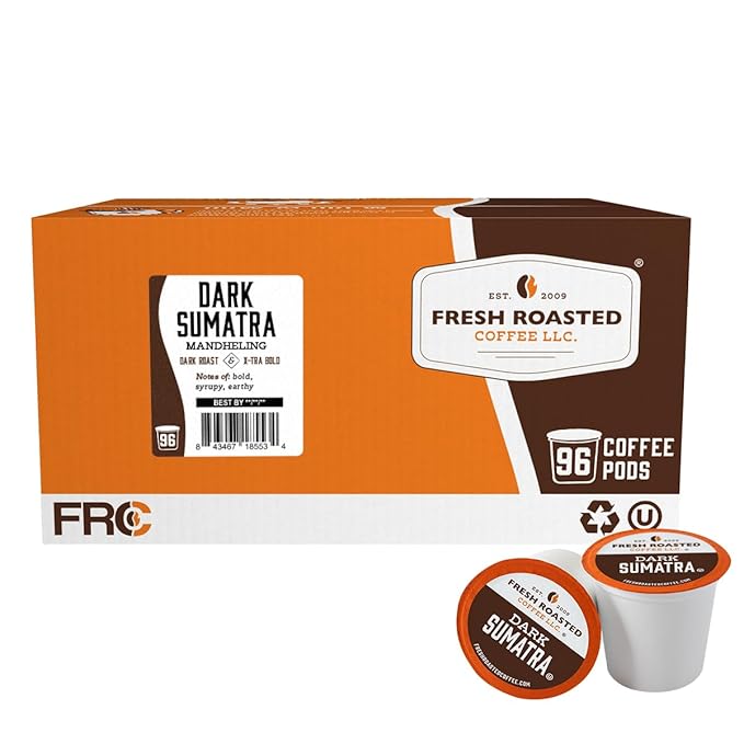 Fresh Roasted Coffee, Dark Sumatra Mandheling | 100% Single Origin | Dark Roast, 96 Pods for K Cup Brewers