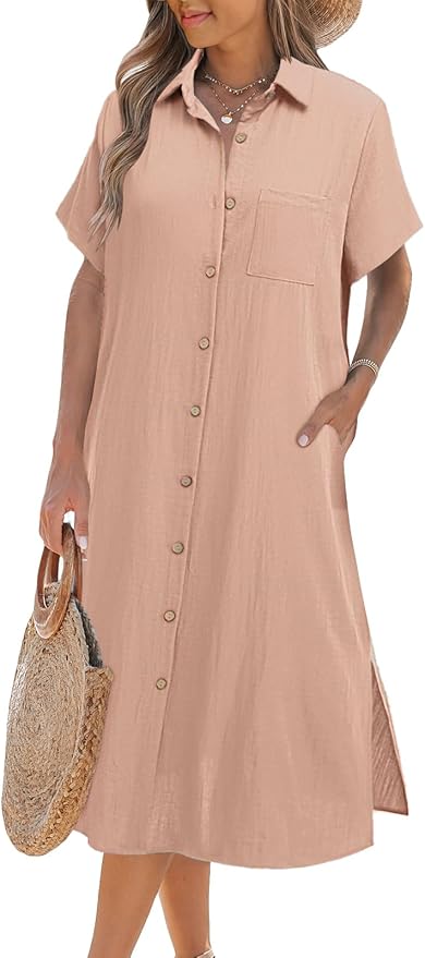 Zeagoo Women Dresses Summer Casual Short Sleeve Button Down Shirt Dresses 2025 Beach Cover Up with Pockets