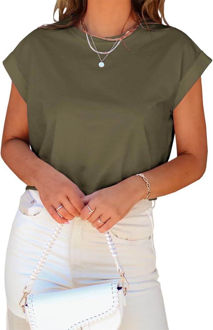 Tankaneo Womens Short Sleeve Cropped T-Shirts Summer Rolled Dolman Sleeve Crop Tops Casual Round Neck Solid Short Basic Tees
