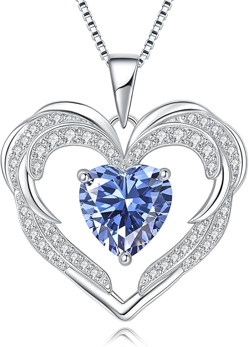 Jurikko Heart Necklaces Valentine's Gift for Women, Birthstone 925 Sterling Silver Angel Wings Love Pendant Necklaces for Women, Jewelry Gifts for Wife, Anniversary, Mother's day