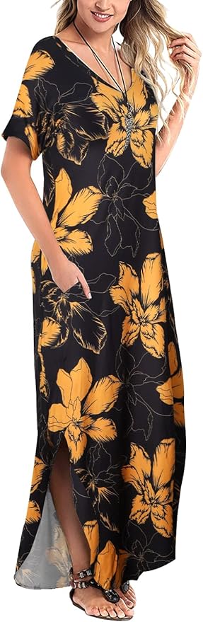Arolina Women's Summer Maxi Dress Short Sleeve V Neck Casual Loose Long Beach Split Dresses with Pockets