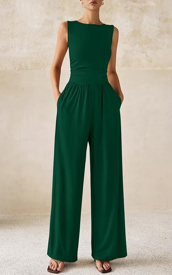 PRETTYGARDEN One Piece Jumpsuits for Women Dressy Casual Sleeveless Crewneck Wide Leg Rompers Jumpers Vacation Summer Outfits