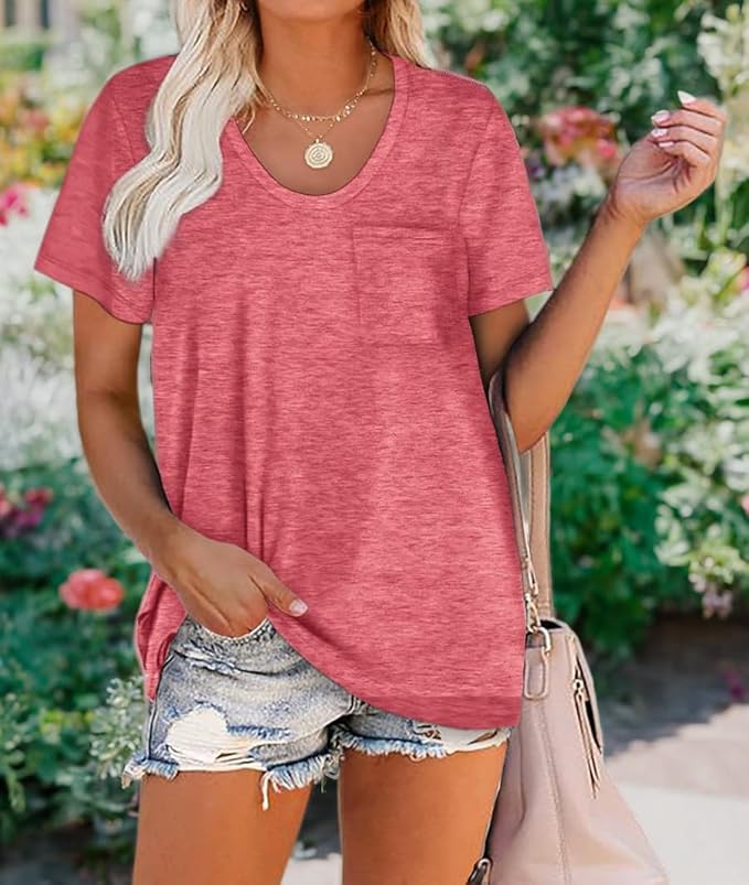 WIHOLL Women Summer T Shirts Short Sleeve Rounded V Neck Pocket Tee Tops