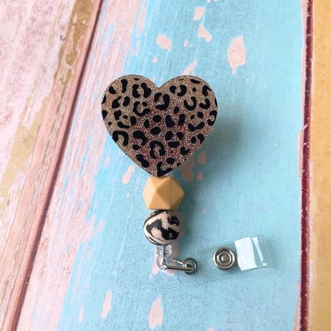 Cheetah Leopard Heart Badge Reel Holder ID Name Retractable Clip Lanyard with Cute Beaded Print Bengals Zoo Keeper Glitter Bling for Nurse Nurses CNA CMA Nursing Healthcare Golden Supplies