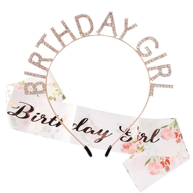AOPRIE Birthday Girl Crown for Women with Flower Sash Rose Gold Happy Birthday Tiara for Women Headband Princess Crown Rhinestone Accessories