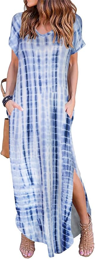 Arolina Women's Summer Maxi Dress Short Sleeve V Neck Casual Loose Long Beach Split Dresses with Pockets