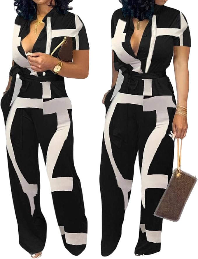 SeNight Women's Jumpsuits Elegant Business Casual Button Down V Neck Long Sleeve Strap Straight Long Pants With Pockets