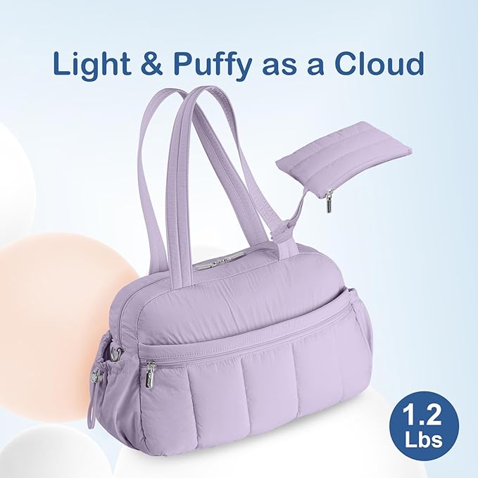TOPDesign Travel Duffel Bag for Women, Puffer Gym Bag Sports Tote with Wet Pocket, Carry On Weekender with Luggage Sleeve (Light Purple)