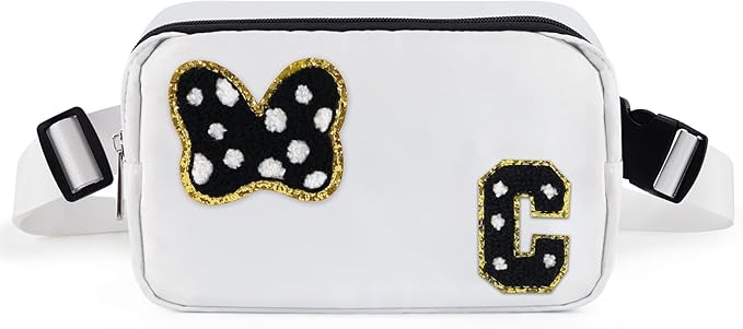 Chenille Initial Letter Bow Mouse Fanny Pack, Waterproof Park Crossbody Bag Christmas Birthday Gifts for Teen Girls Daughter Women Kids Adults, Cute Belt Bag Must Haves for Park Travel (C, White)