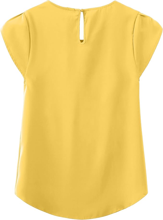 TASAMO Women's Casual Round Neck Basic Pleated Top Cap Sleeve Curved Keyhole Back Chiffon Blouse