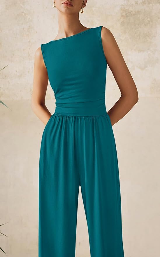 PRETTYGARDEN One Piece Jumpsuits for Women Dressy Casual Sleeveless Crewneck Wide Leg Rompers Jumpers Vacation Summer Outfits