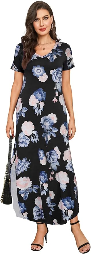 Arolina Women's Summer Maxi Dress Short Sleeve V Neck Casual Loose Long Beach Split Dresses with Pockets