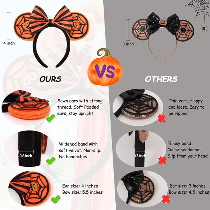 UNSPAZ Halloween Ears Headband, Glitter Pumpkin Headband for Adult Women Kids, Halloween Accessories