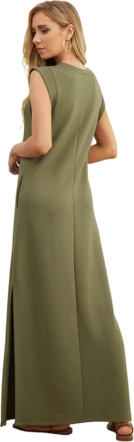 GRECERELLE 2026 Women Year-Round Casual Round Neck Loose Split Wrinkle-Free Long Maxi Vacation Dress with Pockets (XXS-4XL)