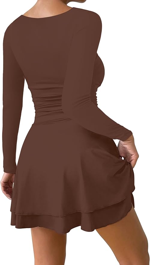IWD Women's Square Neck Long Sleeve Mini Dress Ruched Corset Waist Tiered Ruffle Hem A Line Short Party Dresses