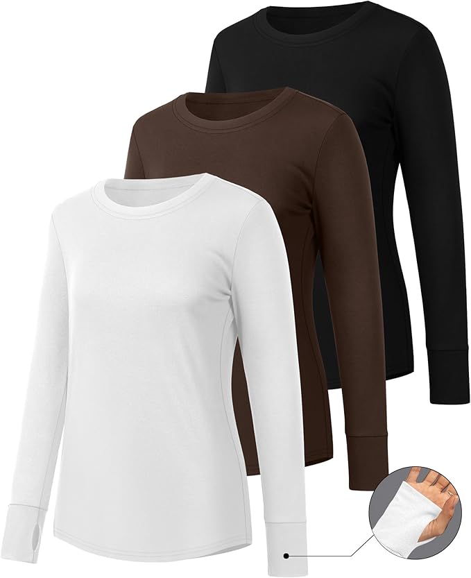 Huukeay 3 Pack Women's Long Sleeve Shirts with Thumb Holes, Cotton Casual Crew Neck Tunic Tops Fall Loose Y2k Trendy Outfits