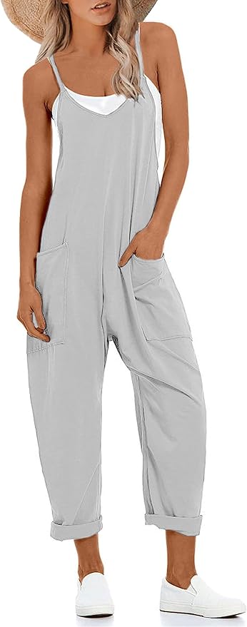 Lentta Women's Causal Jumpsuits V Neck Sleeveless Harem Overalls Stretchy Adjustable Strap Romper with Pockets