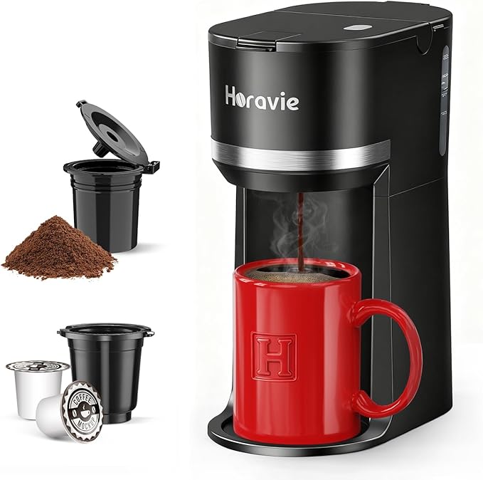Horavie Mini Single Serve Coffee Maker for K Cup and Ground Coffee, Fast Brew One Cup Coffee Machine with Descaling Reminder and Water Window, 6 to 12 oz. Brew Sizes, Black