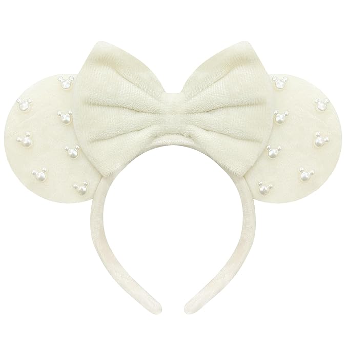 Trnerm Beige Fuzzy Mouse Ears Headband for Women, Cute Beads Headband with Bows，Halloween Costume Accessory