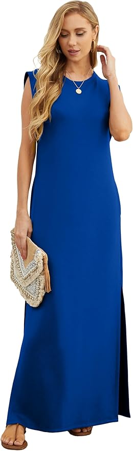 GRECERELLE 2026 Women Year-Round Casual Round Neck Loose Split Wrinkle-Free Long Maxi Vacation Dress with Pockets (XXS-4XL)