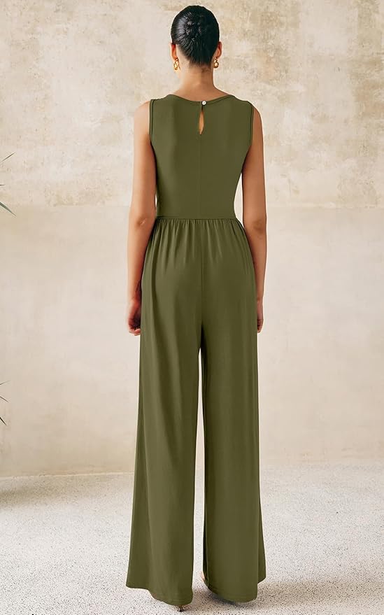 PRETTYGARDEN One Piece Jumpsuits for Women Dressy Casual Sleeveless Crewneck Wide Leg Rompers Jumpers Vacation Summer Outfits