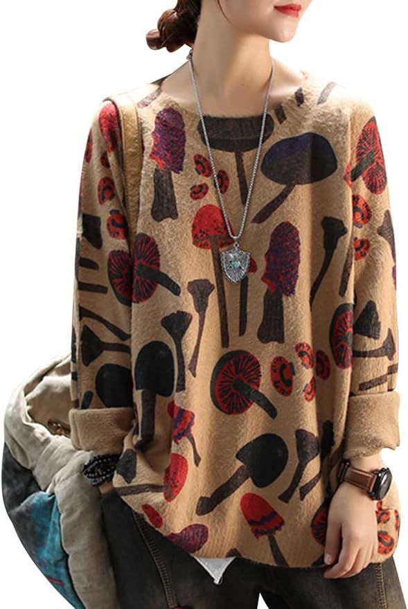 YESNO Women Christmas Sweater Graphic Printed Oversized Pullover Sweaters Casual Loose Knit Tops S01