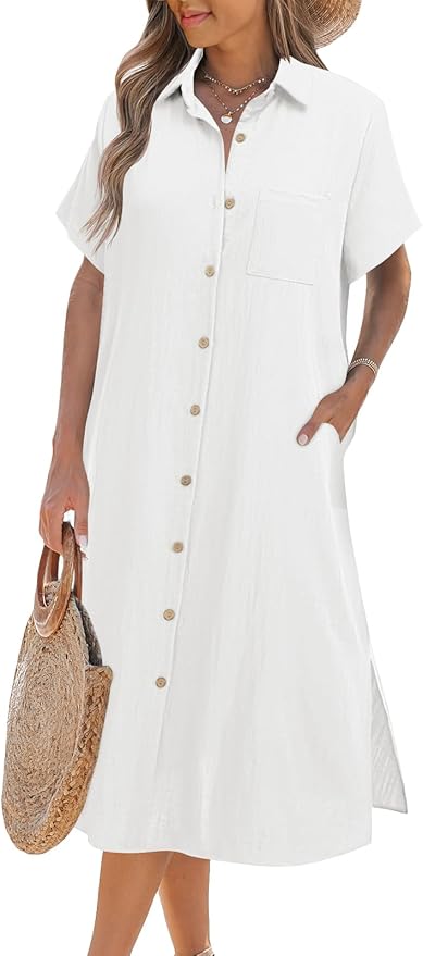 Zeagoo Women Dresses Summer Casual Short Sleeve Button Down Shirt Dresses 2025 Beach Cover Up with Pockets