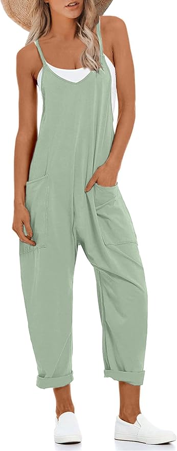 Lentta Women's Causal Jumpsuits V Neck Sleeveless Harem Overalls Stretchy Adjustable Strap Romper with Pockets