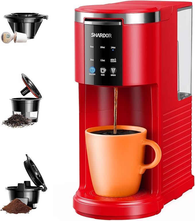 SHARDOR 3 in 1 Coffee Maker, K Cup Coffee Maker Compatible with Ground Coffee & Teas, Single Serve Coffee Machine, 6–14oz Brew Sizes, 40oz Detachable Water Reservoir, Descale Settings, Red