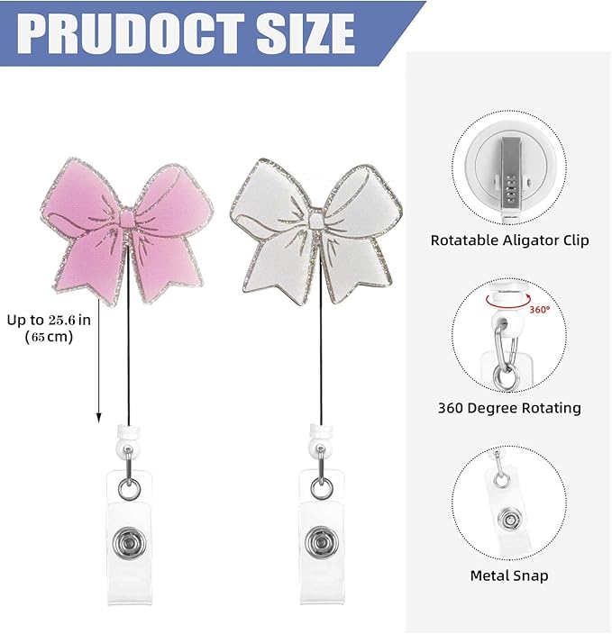 2 Pcs Pink Bow Badge Reel - Retractable ID Holder with Alligator Clip& Nylon Cord | AcrylicClip for Nurse Nurses Office Worker Teacher Student
