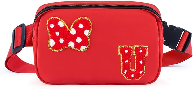 Chenille Initial Letter Bow Mouse Fanny Pack, Waterproof Park Crossbody Bag Christmas Birthday Gifts for Teen Girls Daughter Women Kids Adults, Cute Belt Bag Must Haves for Park Travel (U, Red)