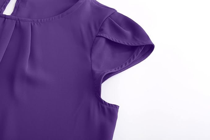 TASAMO Women's Casual Round Neck Basic Pleated Top Cap Sleeve Curved Keyhole Back Chiffon Blouse