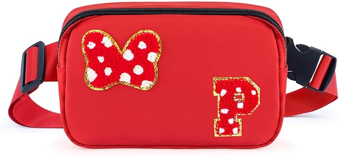 Chenille Initial Letter Bow Mouse Fanny Pack, Waterproof Park Crossbody Bag Christmas Birthday Gifts for Teen Girls Daughter Women Kids Adults, Cute Belt Bag Must Haves for Park Travel (P, Red)