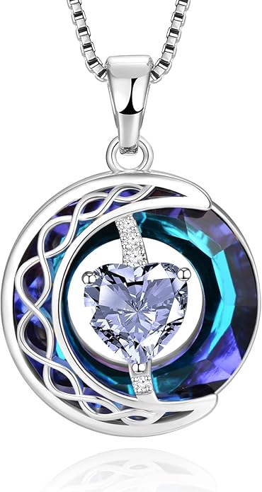 LIANYU Necklace for Womens Blue Sapphire Necklace Moon Pendant S925 Sterling Silver Crystal Jewelry for Women Pendant Birthday Gifts for Wife Gifts Valentine Anniversary