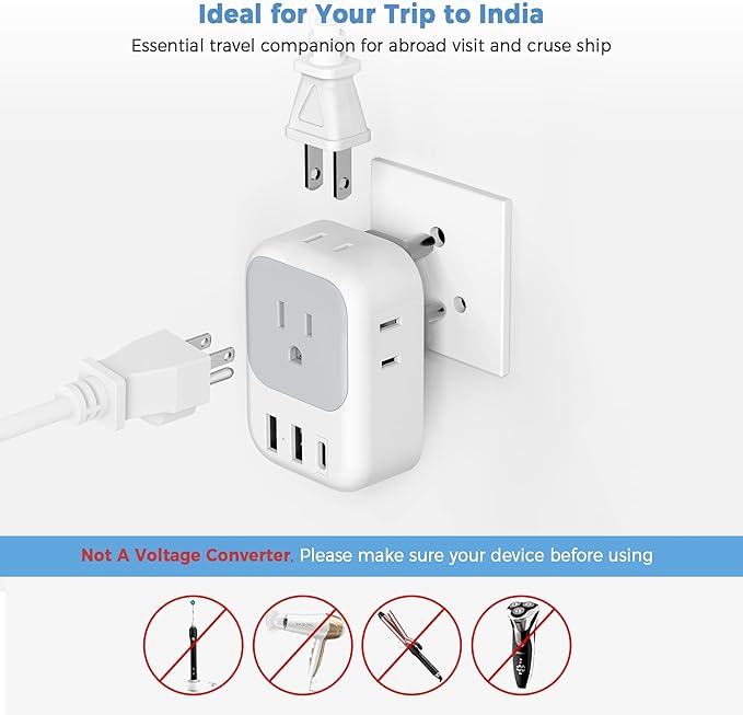 India Plug Adapter 2 Pack, TESSAN Type D Travel Adapter with 4 Outlets 3 USB Charger (1 USB C Port), US to Indian Outlet Adaptor for USA to Bangladesh, India, Kuwait, Maldives