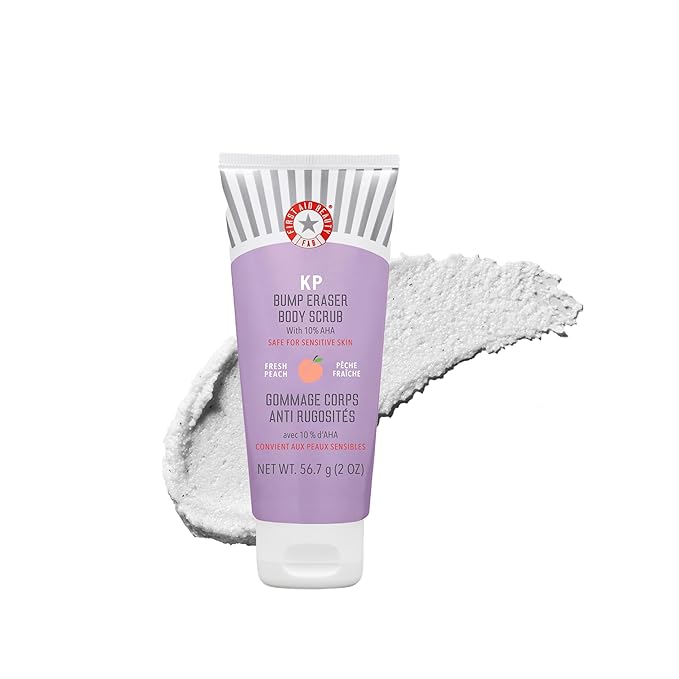 First Aid Beauty - KP Bump Eraser Body Scrub with 10% AHA, Keratosis Pilaris Exfoliator with Glycolic and Lactic acids, Helps Reduce Chicken Skin Bumps, Safe for Sensitive Skin, Peach Scent (2 oz)