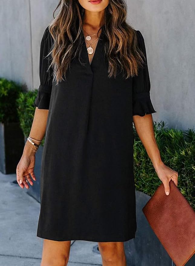 Wkior Shift Dress for Women V Neck Short Sleeves Solid Color Casual Flowy Summer Dresses(S-2XL)