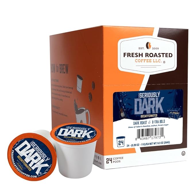 Fresh Roasted Coffee, Seriously Dark Decaf Artisan Blend, Kosher | 24 Pods for K Cup Brewers