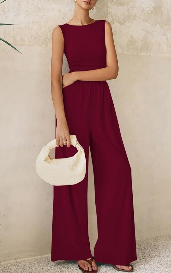 PRETTYGARDEN One Piece Jumpsuits for Women Dressy Casual Sleeveless Crewneck Wide Leg Rompers Jumpers Vacation Summer Outfits