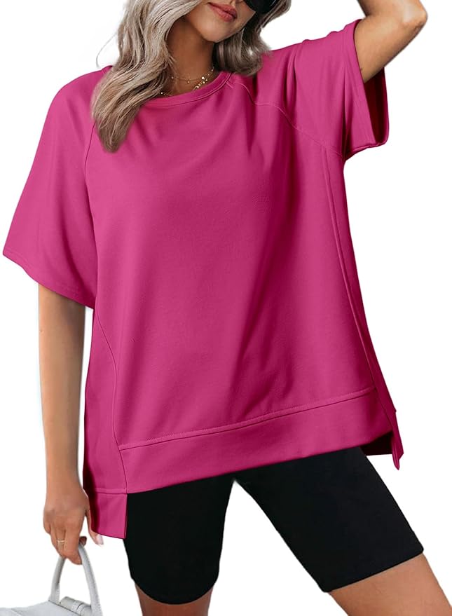 Dokotoo Oversized T Shirts for Women Crewneck Short Sleeve Casual Summer Tops Lightweight Loose High Low Blouse