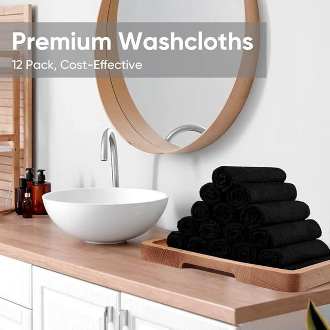 HOMEXCEL Black Washcloths 12 Pack, Highly Absorbent and Soft Microfiber Face Towel, Makeup Remover Towels, Multi-Purpose Wash Cloths for Bathroom, Hotel, Spa, Gym, and Kitchen, 12x12 Inch