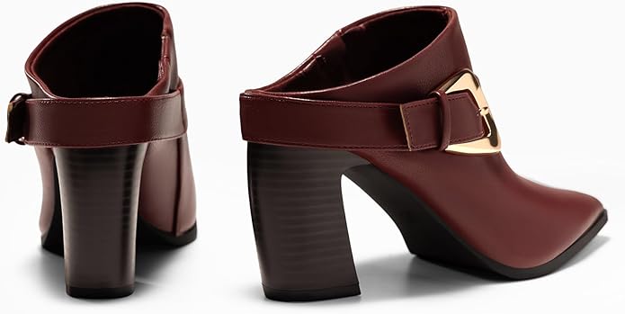 Coutgo Womens Mules Boots Chunky Stacked Heel Pointed Toe Booties Slip On Dress Boot Shoes with Buckle Decoration