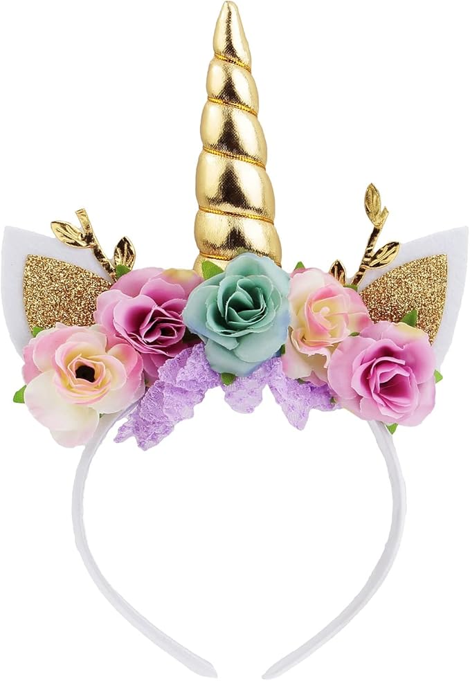Nishine Unicorn Horn Floral Headband Glitter Ears Pony Head Bands Tiara for Girls Party Birthday Cosplay