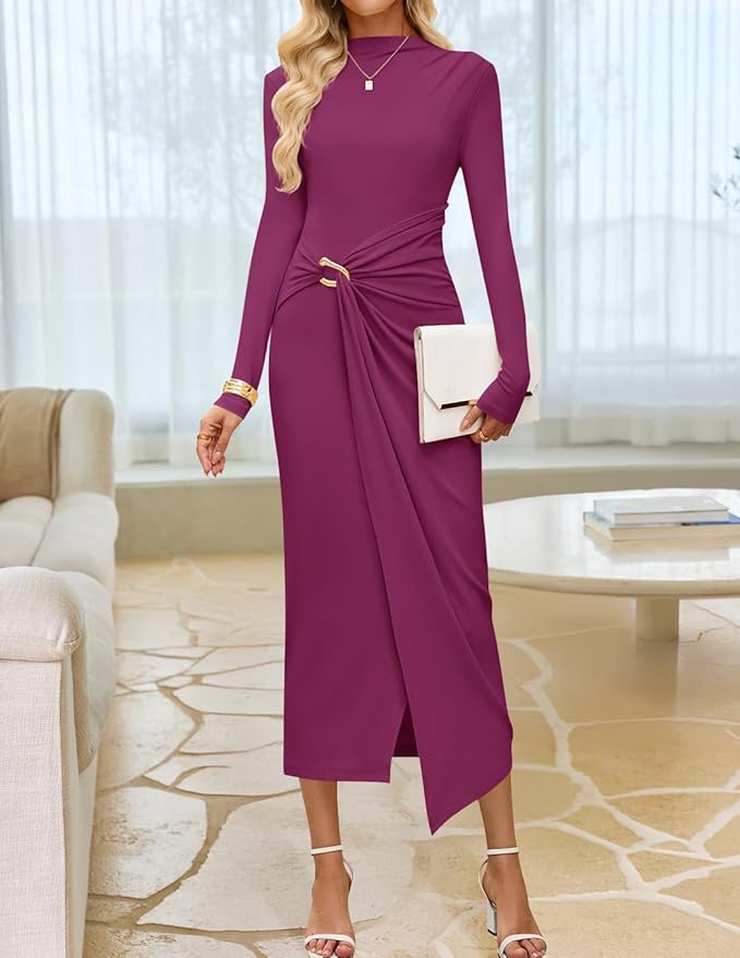 ZESICA Women's 2026 Spring Long Sleeve Bodycon Dress Mock Neck Wedding Guest Cocktail Party Long Midi Dresses