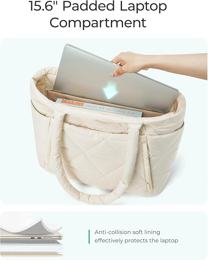 BAGSMART Tote Bag for Women, Puffy Tote Bag with Zipper, Large Quilted Shoulder Bag with Compartments for Travel, Work, Gym