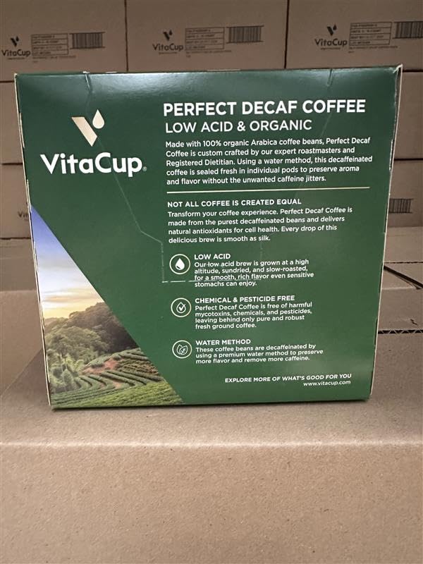 VitaCup Organic Perfect Dark Roast Decaf Coffee Pod for Pure & Clean Energy, Antioxidants, Low Acid, Peru Single Origin in Recyclable Single Serve Pod compatible w/Keurig K-Cup Brewers,16CT